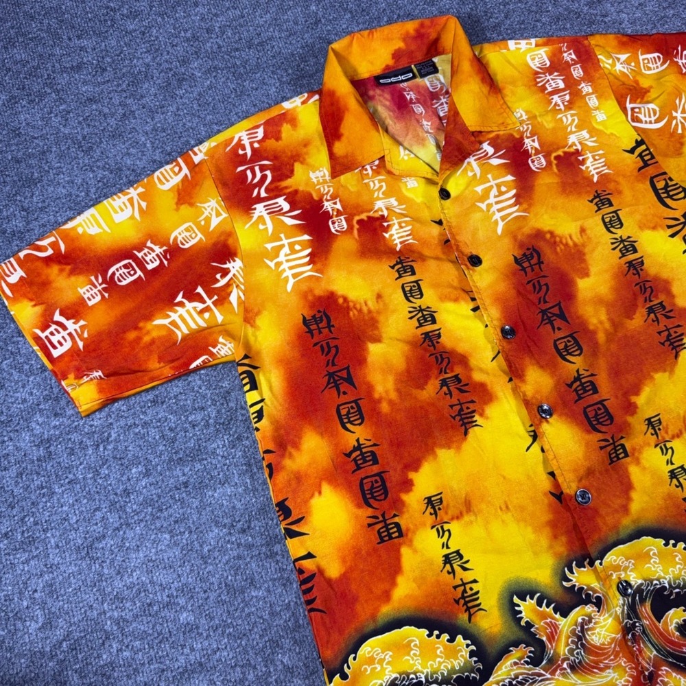 Odo Mens Button Down Shirt Medium Orange Kanji Wave Graphic Short Sleeve